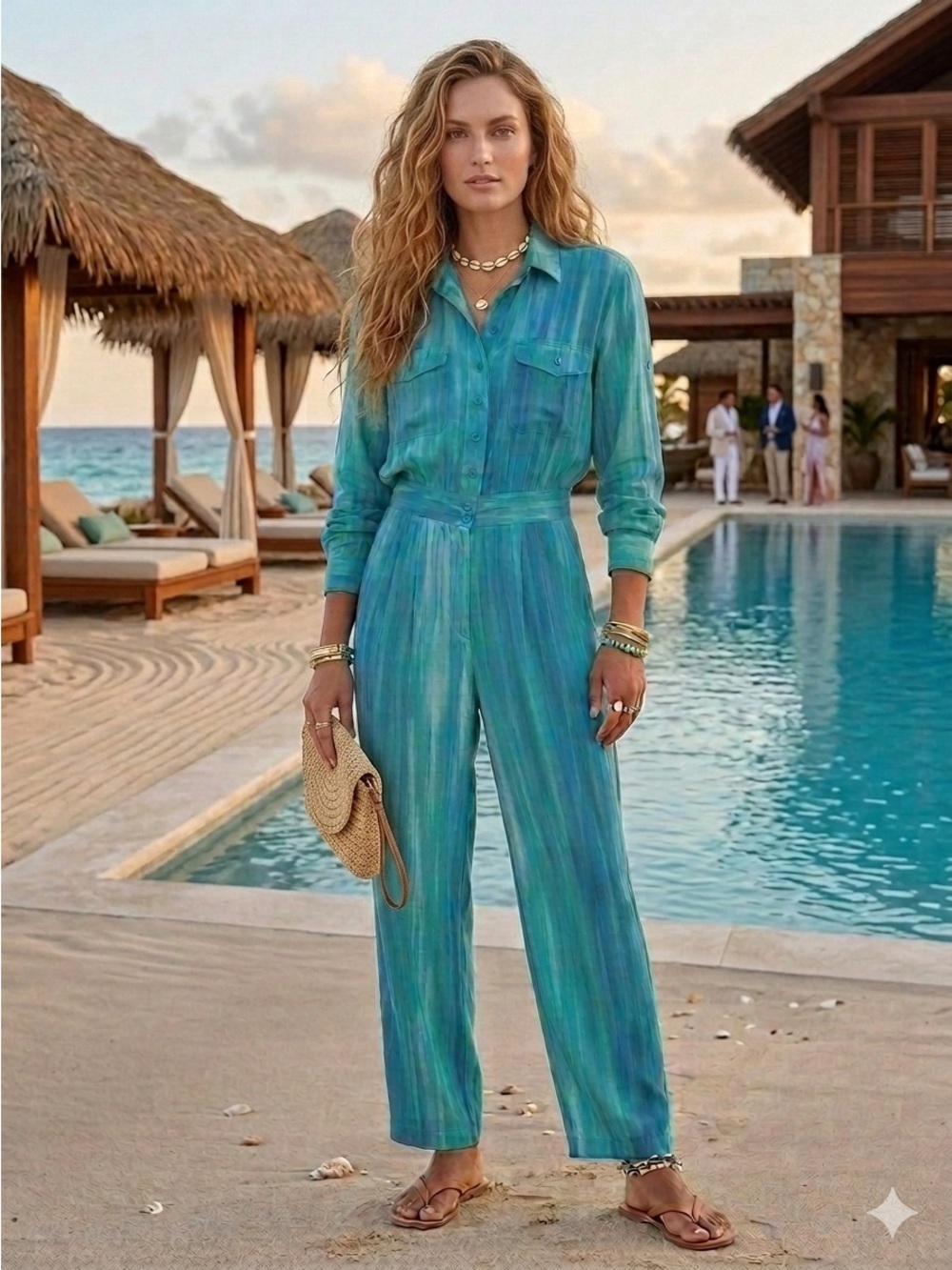 Vintage 90s Silk Watercolor Button Front Jumpsuit Coastal Boho Teal Blue